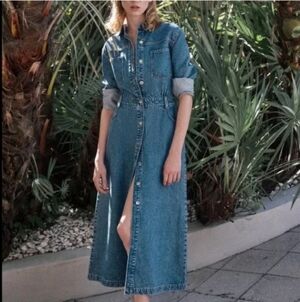 Zara Z1975 Button-Front Long Denim  Shirt Dress Sz-M